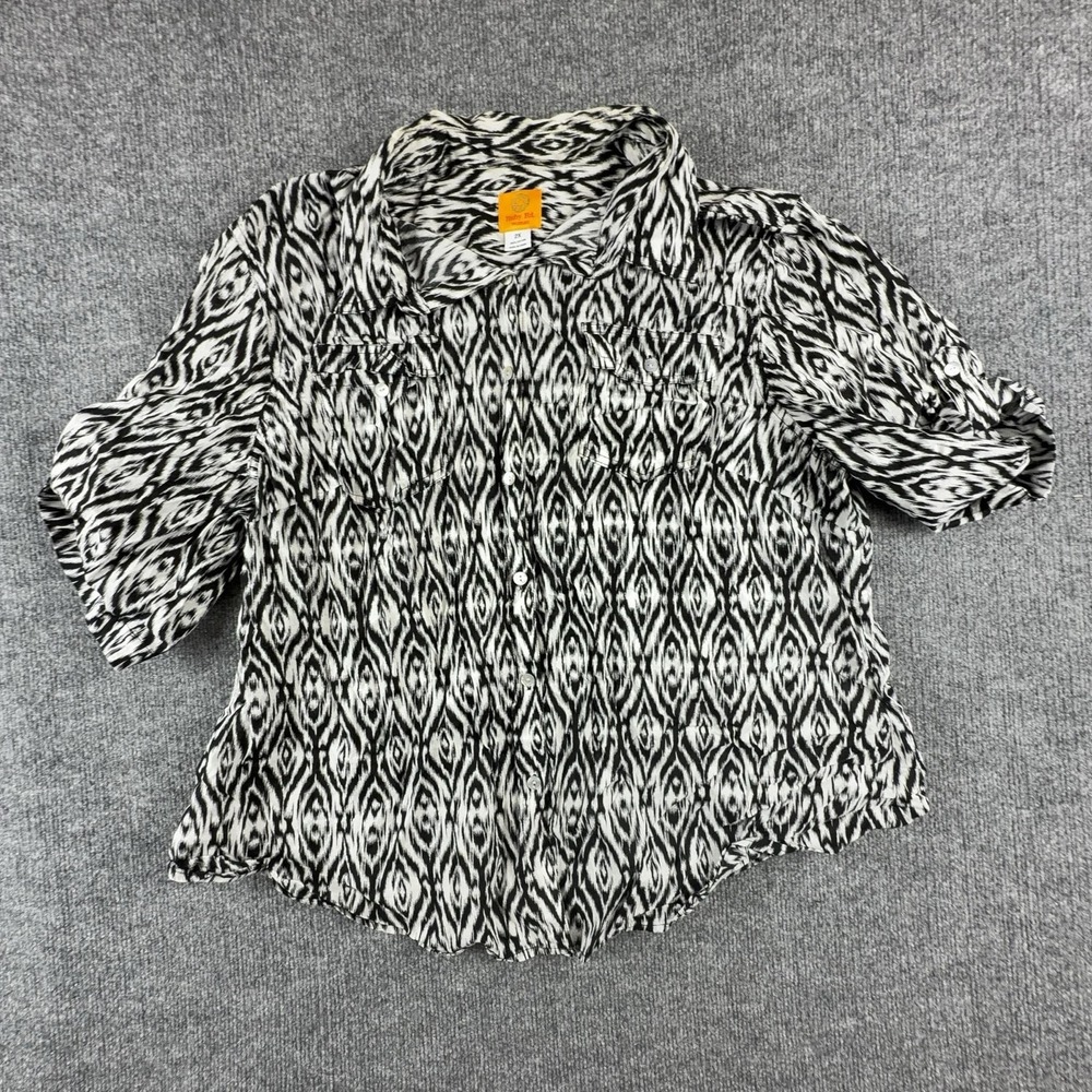 Ruby Rd. Shirt Womens 2X Black White Geometric Button Front Roll Tab Top